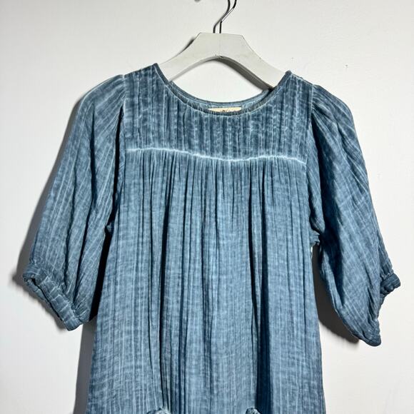 Natural Life Gauze Mini Dress Women S Blue Cotton Minimal Cottage Puff Sleeve - Picture 4 of 8